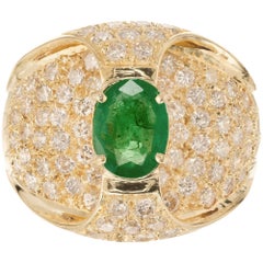 Vintage 1.00 Carat Green Emerald Diamond Yellow Gold Cluster Cocktail Ring