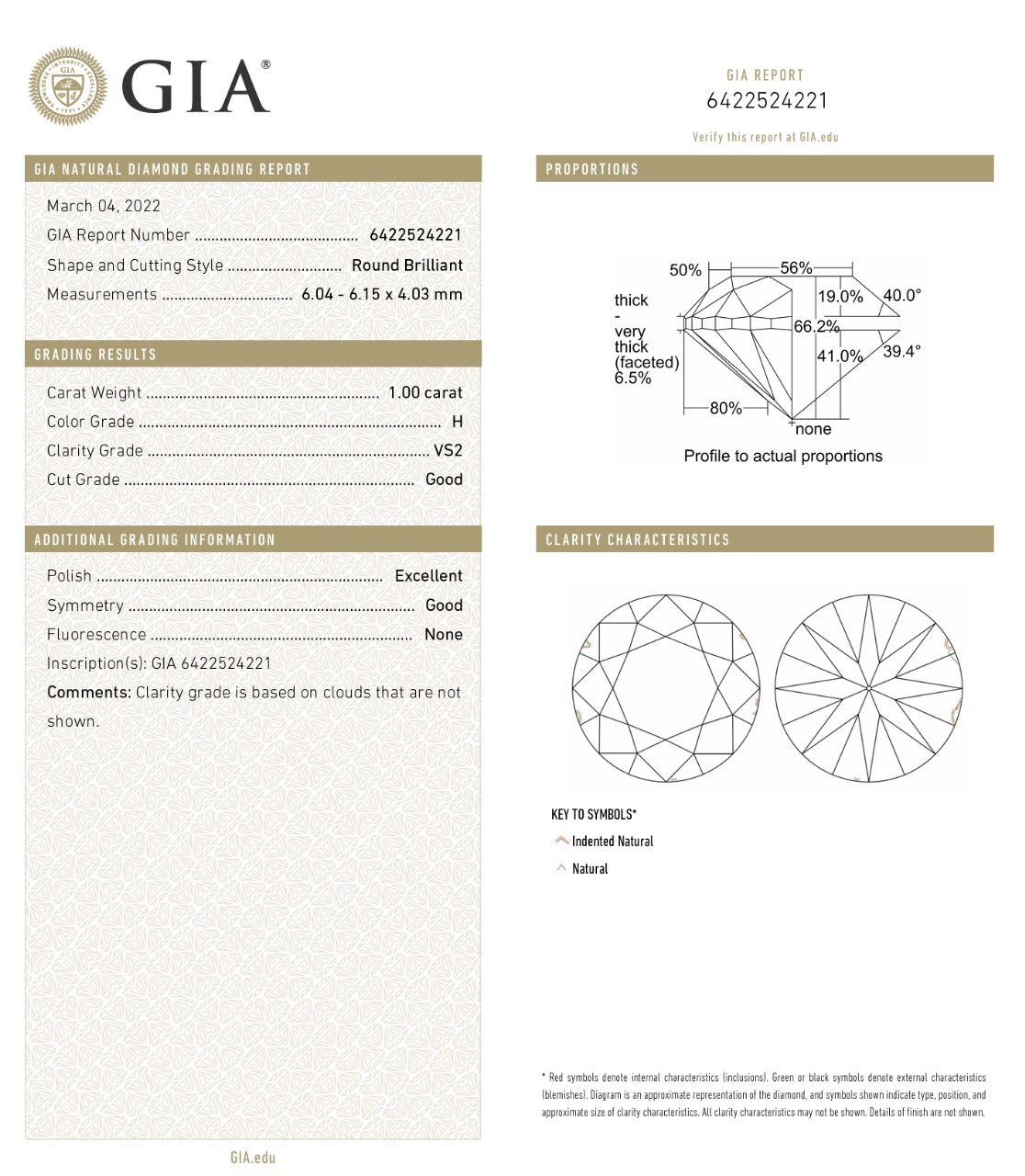  1.00 Carat H Colour VS2 Clarity GIA Certifed For Sale 1