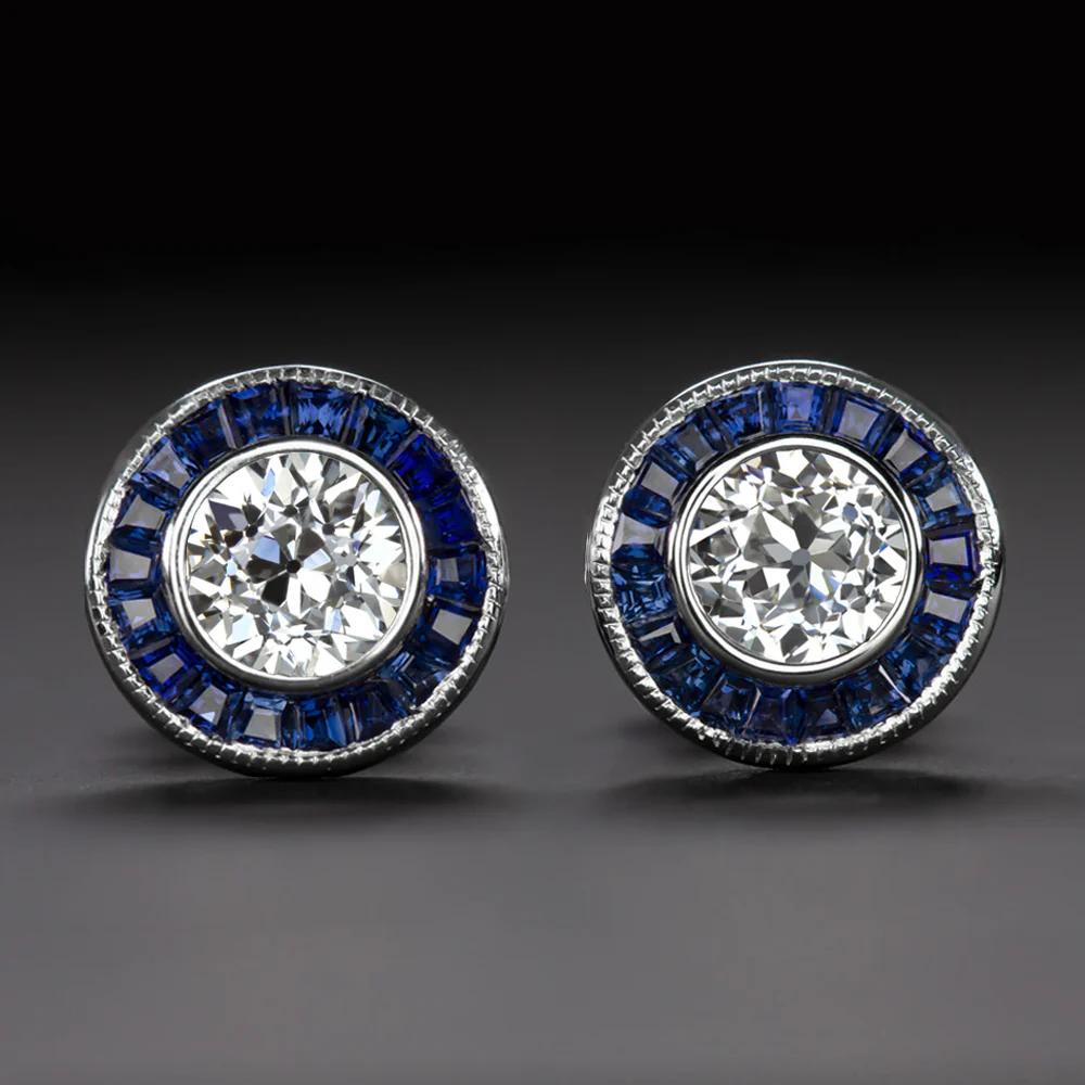 1.00 Carat H VS2 Old European Cut Diamond  Sapphire Halo Art Deco Stud Earrings