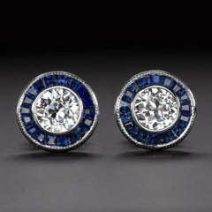 1.00 Carat H VS2 Old European Cut Diamond  Sapphire Halo Art Deco Stud Earrings