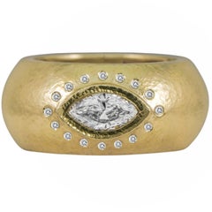 1.00 Carat Hammered Marquise Diamond Yellow Gold Ring