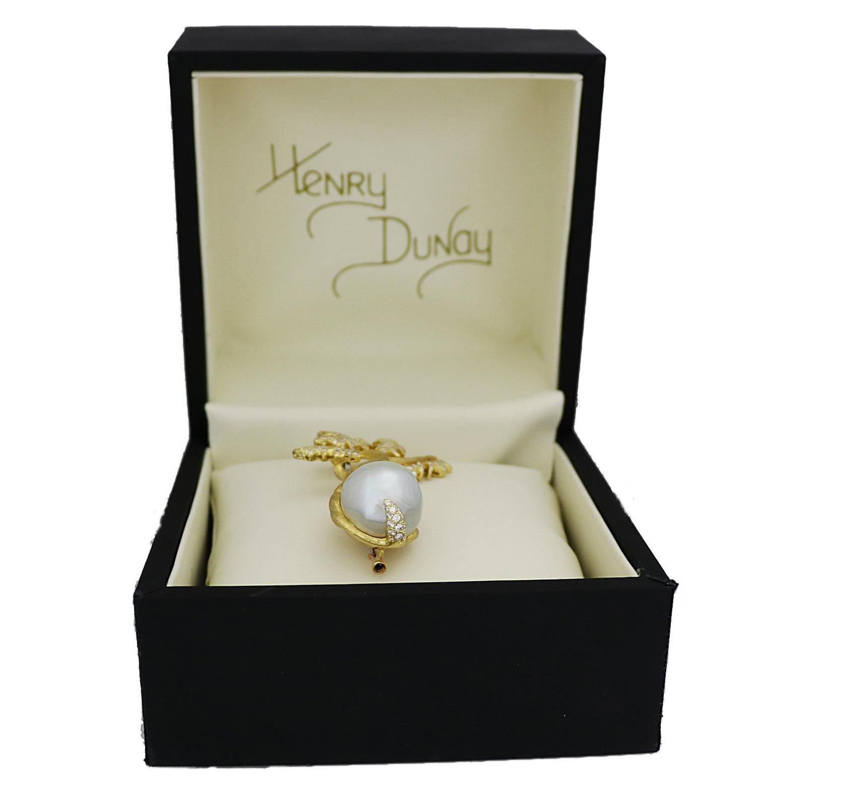 1.00 Carat Henry Dunay Yellow Gold Pearl and Diamond Pin For Sale 3