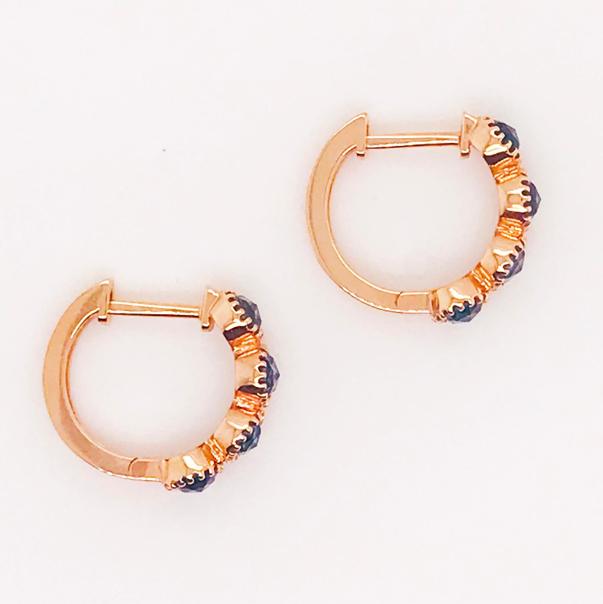 1.00 Carat London Blue Topaz Mini Hoop Earrings, Huggies in 14 Karat Rose Gold In New Condition For Sale In Austin, TX