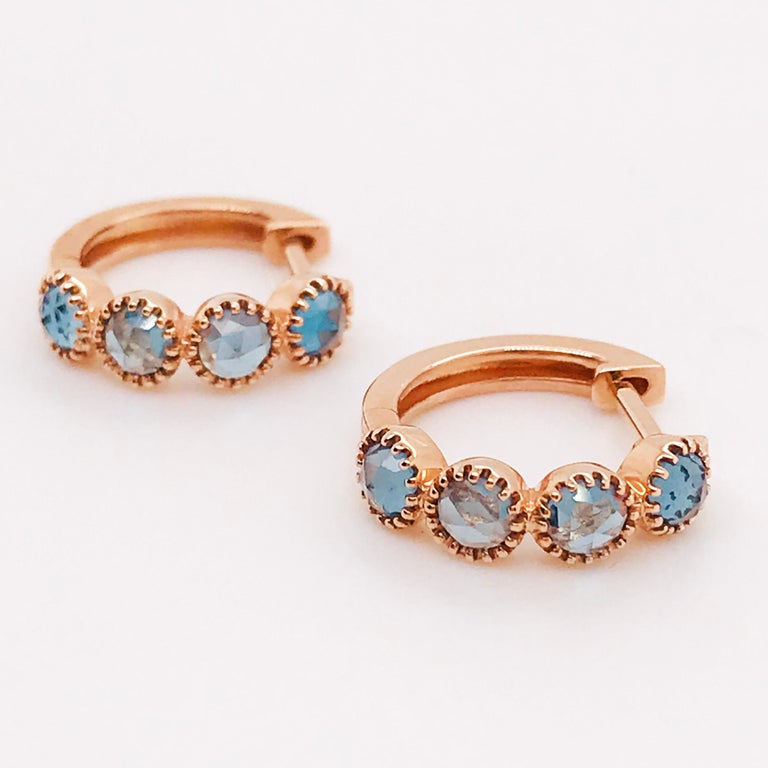 1.00 Carat London Blue Topaz Mini Hoop Earrings, Huggies in 14 Karat