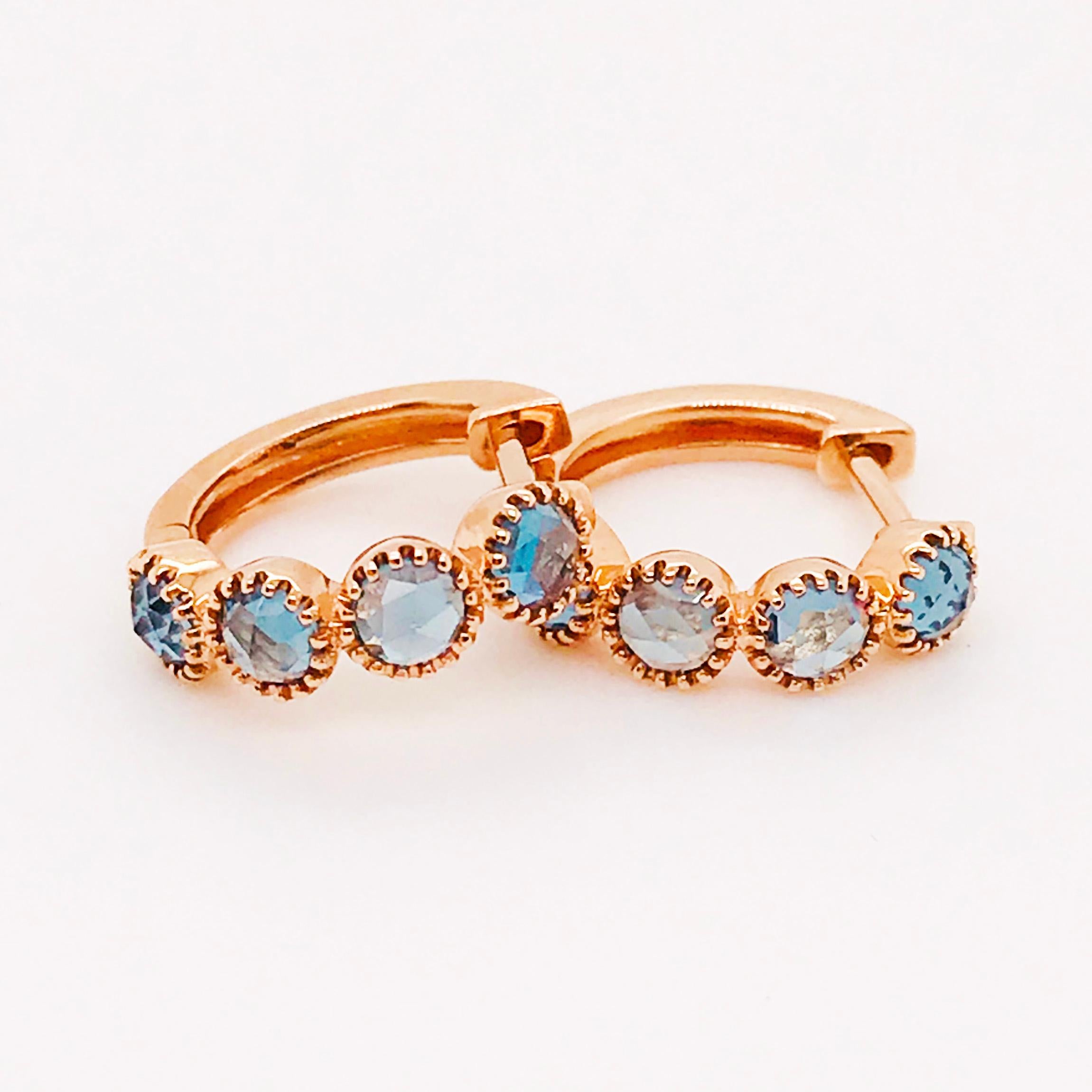 1.00 Carat London Blue Topaz Mini Hoop Earrings, Huggies in 14 Karat Rose Gold In New Condition In Austin, TX