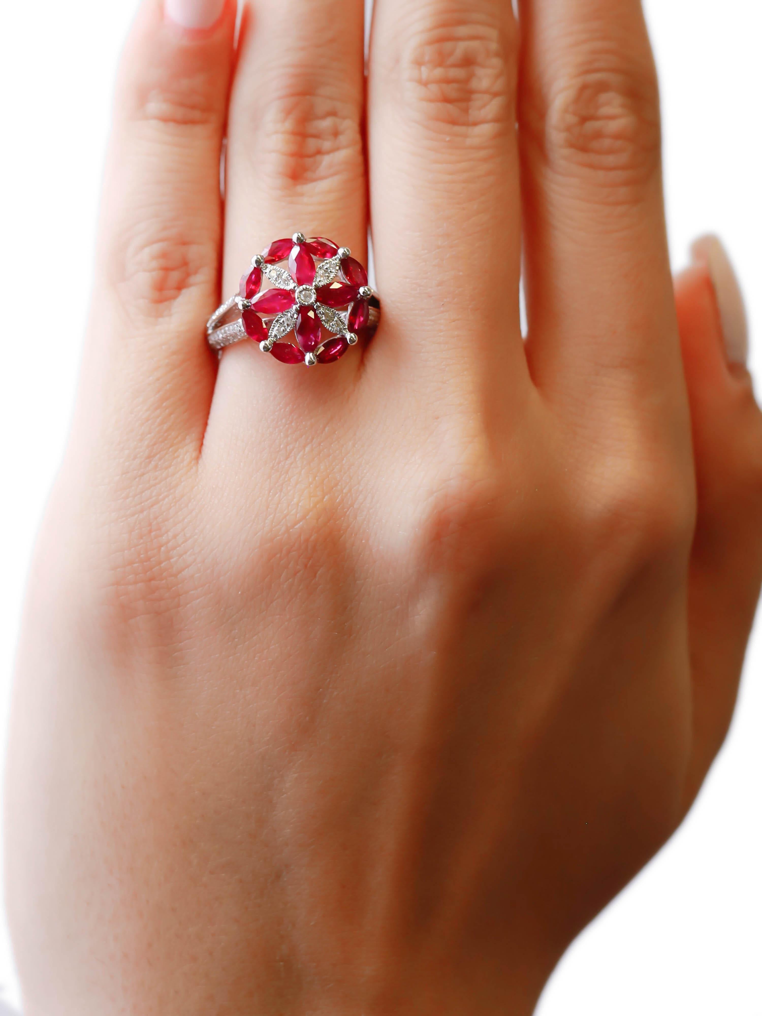 Contemporary 1.00 Carat Marquise Cut Ruby and Round Diamond Pave 18K White Gold Cocktail Ring For Sale
