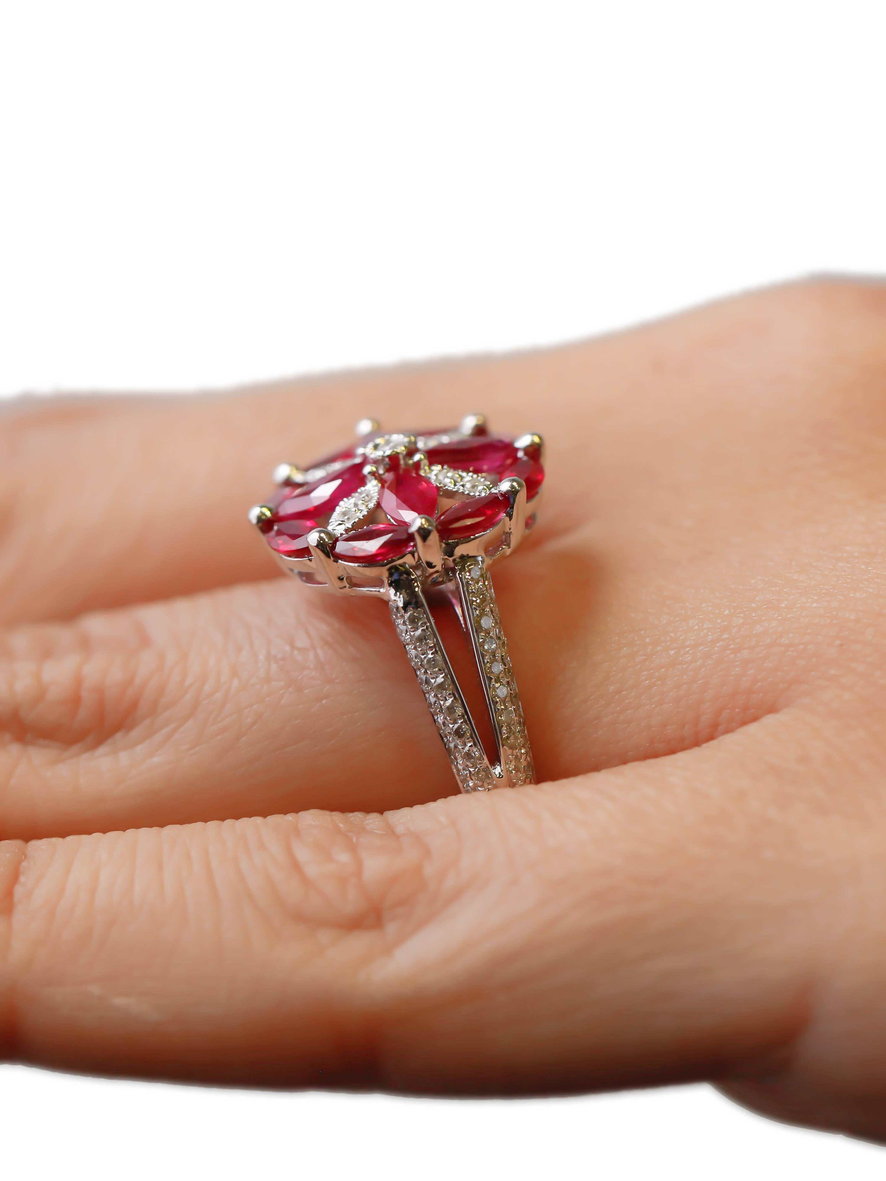 1.00 Carat Marquise Cut Ruby and Round Diamond Pave 18K White Gold Cocktail Ring In New Condition For Sale In New York, NY
