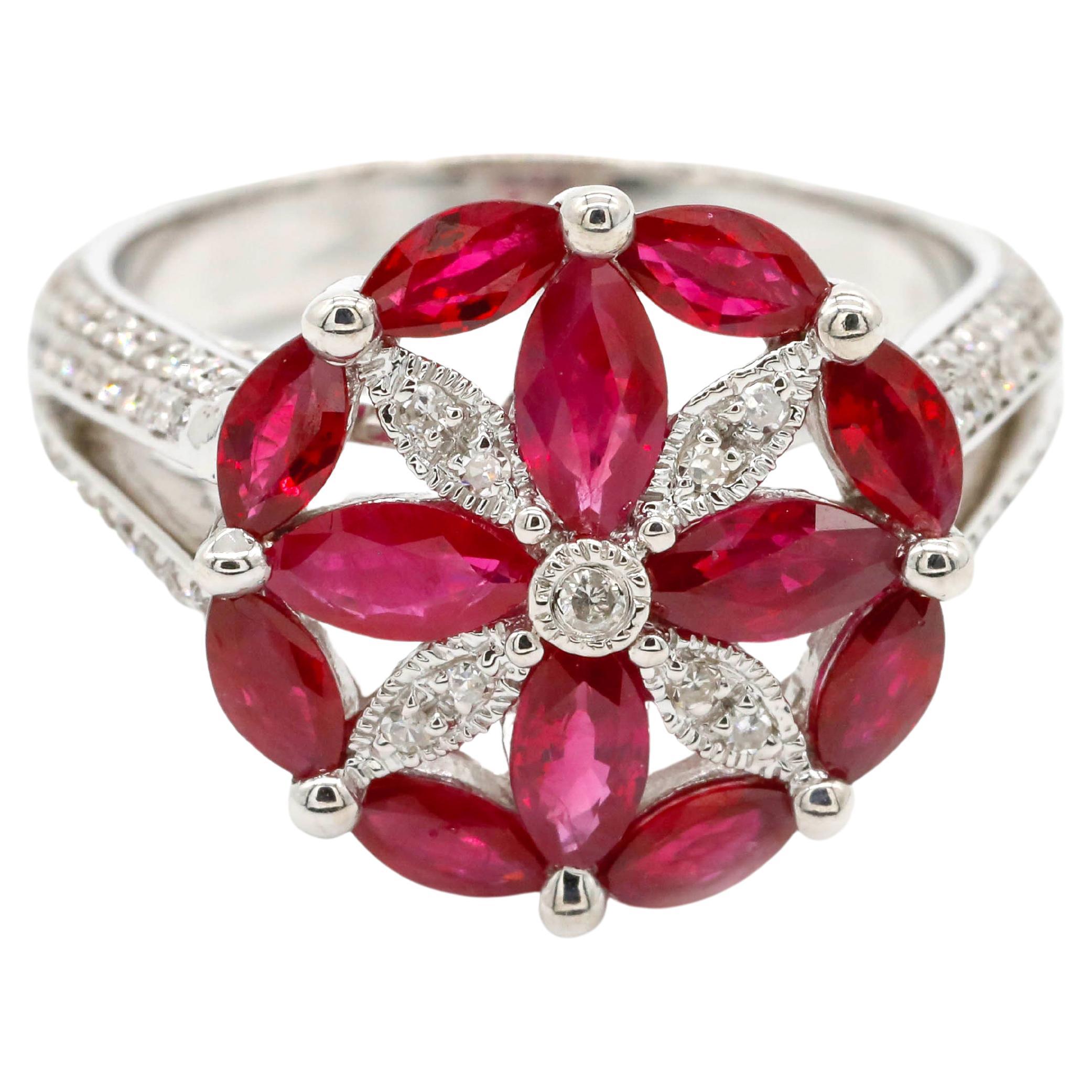 1.00 Carat Marquise Cut Ruby and Round Diamond Pave 18K White Gold Cocktail Ring

A wedding band or an Anniversary ring - this ring is just perfection. Featuring a Double row of 1.00 Carat natural Marquise Cut Ruby stones , set in a Prong setting.
