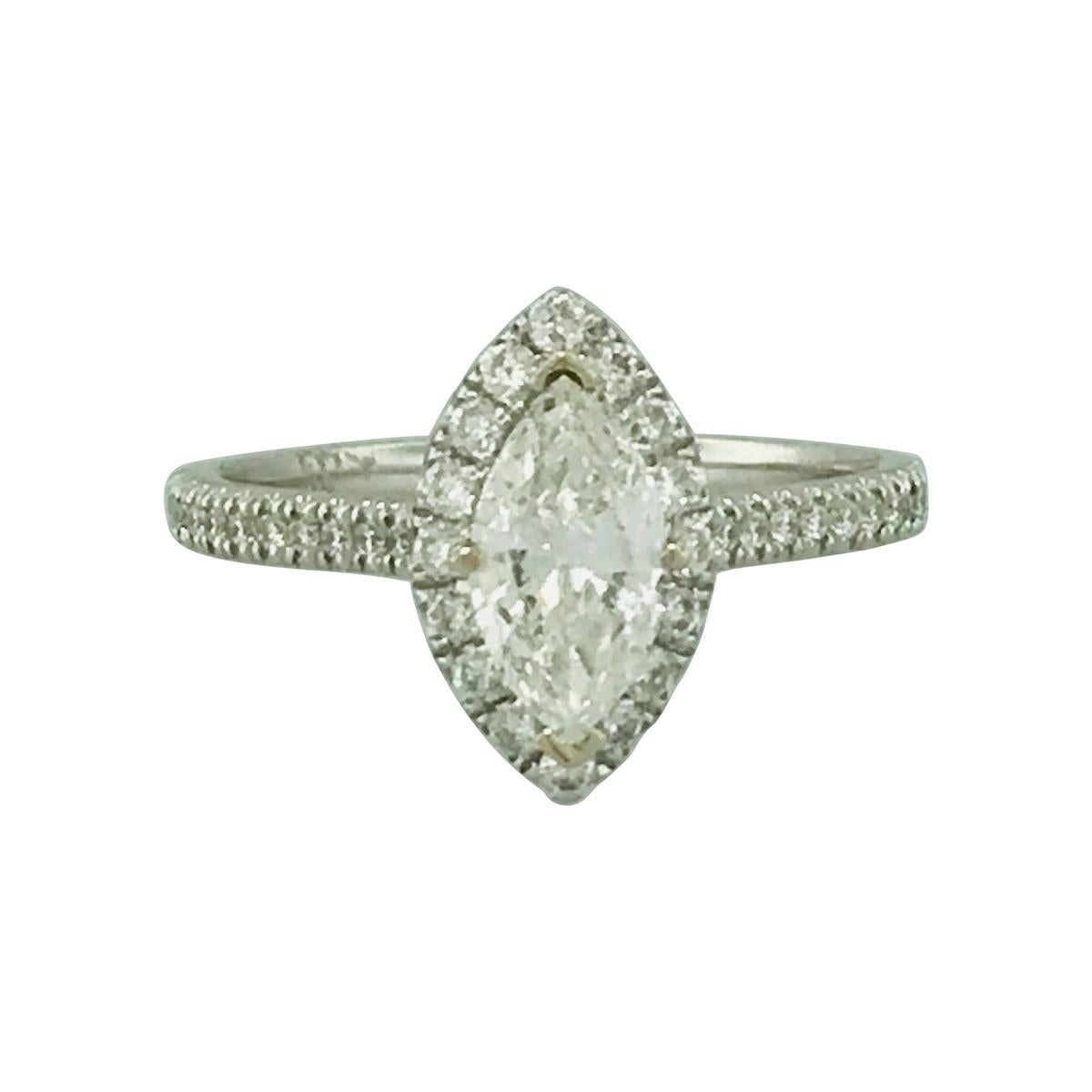 1.00 Carat Marquise Diamond and Diamond Halo Engagement Ring with Diamond Band For Sale
