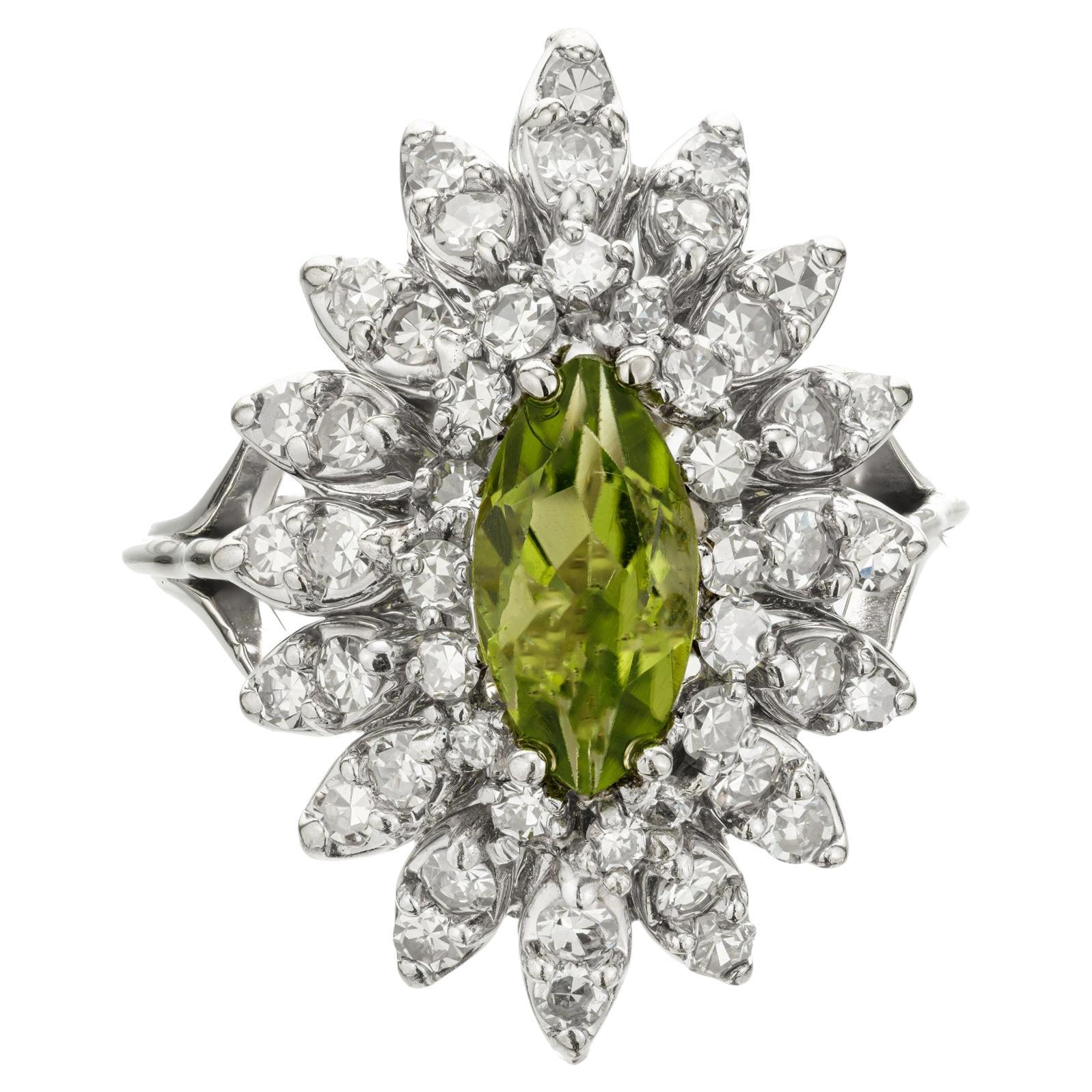 1.00 Carat Marquise Peridot Diamond Gold Cluster Cocktail Ring