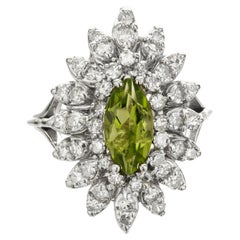 Retro 1.00 Carat Marquise Peridot Diamond Gold Cluster Cocktail Ring