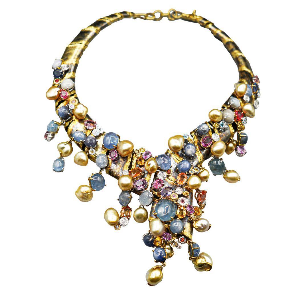 Collier d'avant-garde en or 18 carats 100 carats multi-gemmes mixtes en vente 4