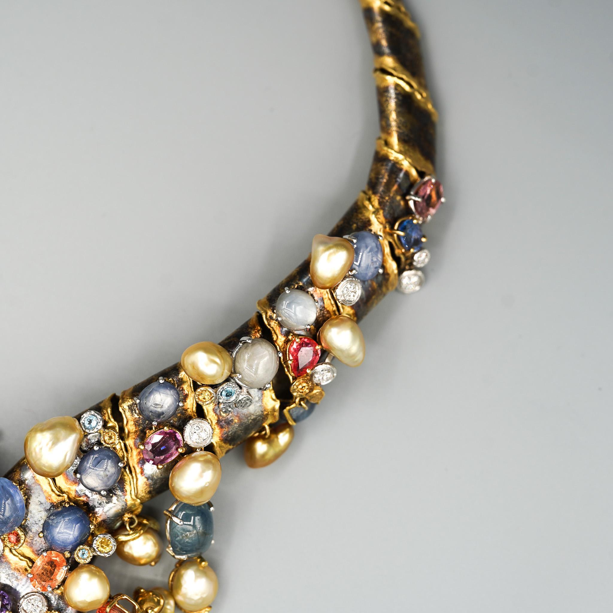 Baroque Collier d'avant-garde en or 18 carats 100 carats multi-gemmes mixtes en vente