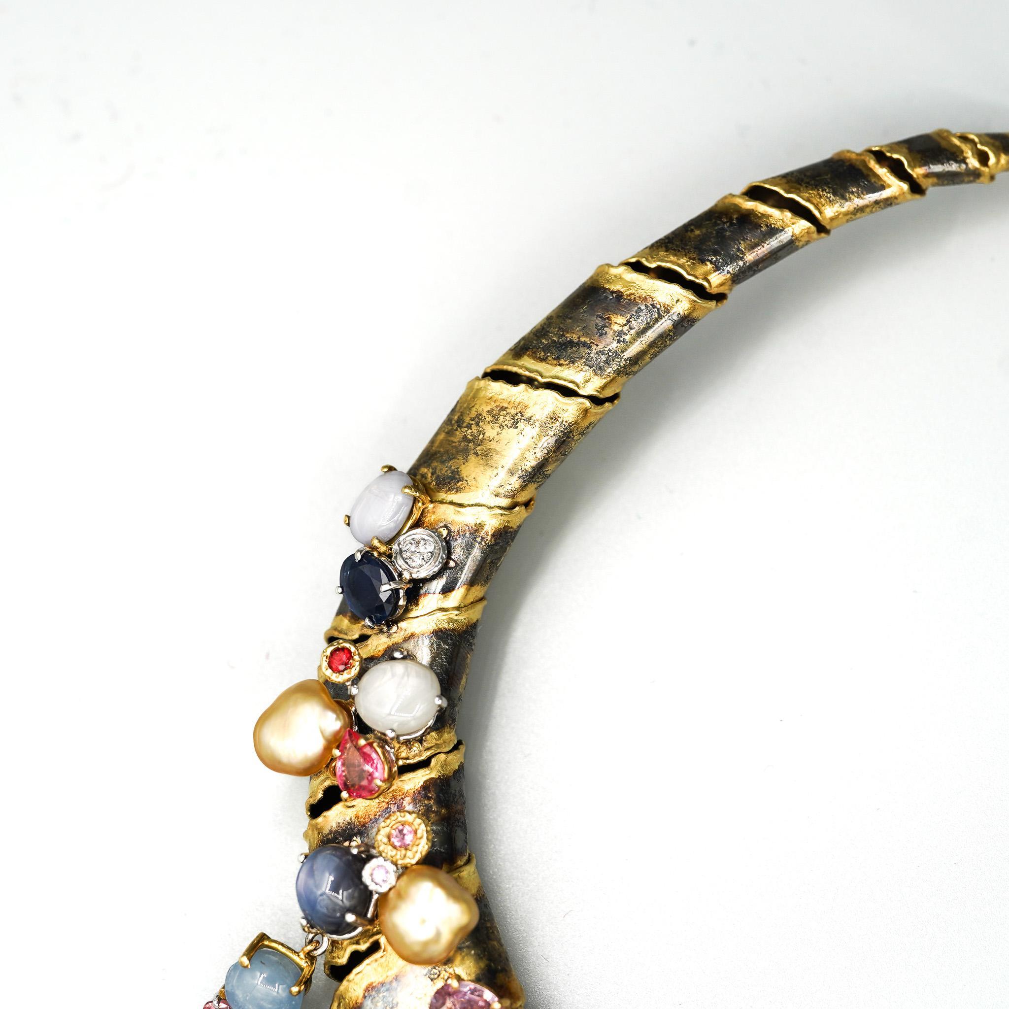 Collier d'avant-garde en or 18 carats 100 carats multi-gemmes mixtes en vente 3
