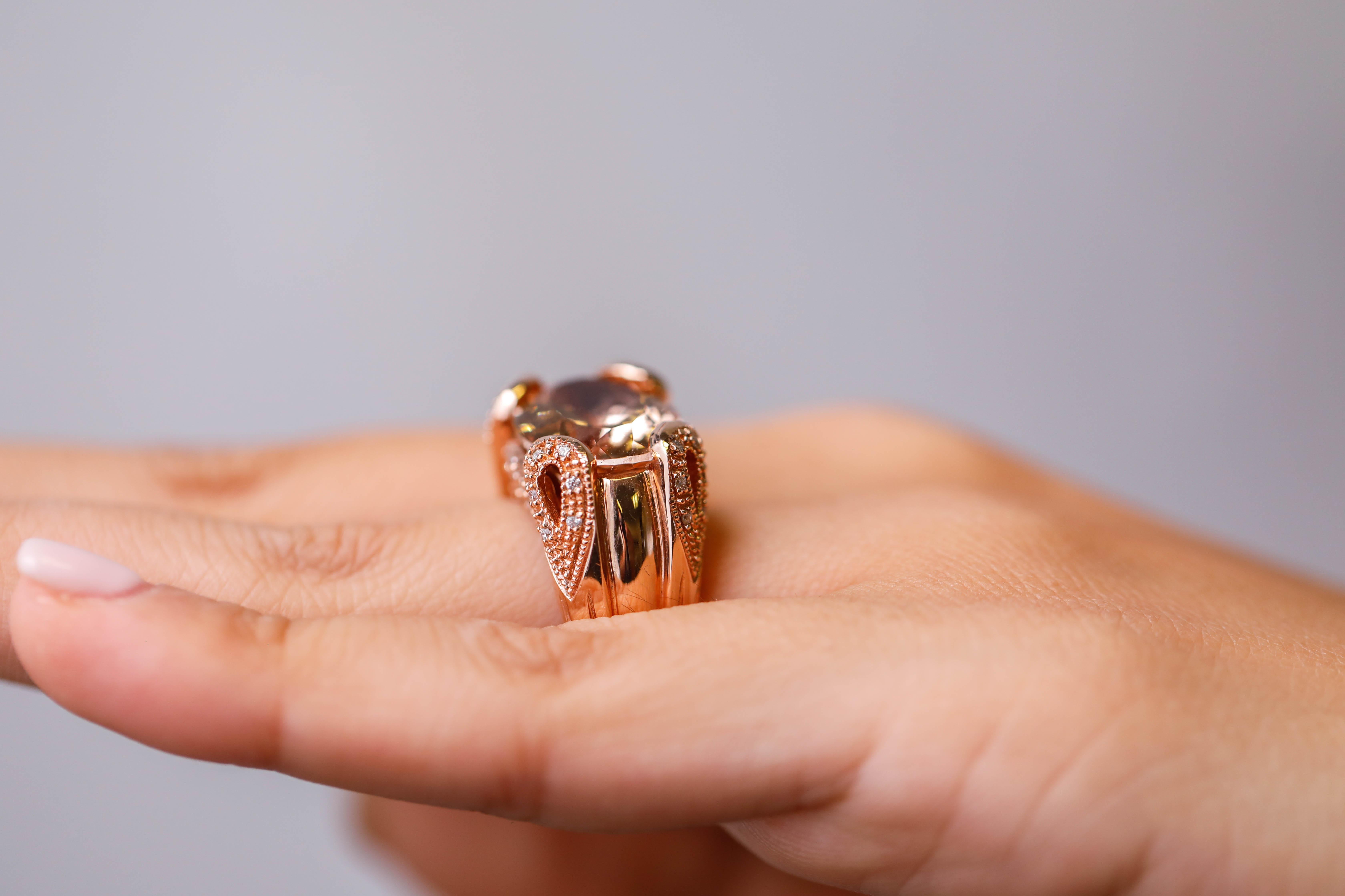 Contemporary 10 TCW Oval Morganite and Diamond accent Cocktail Ring in 14 karat Rose Gold
