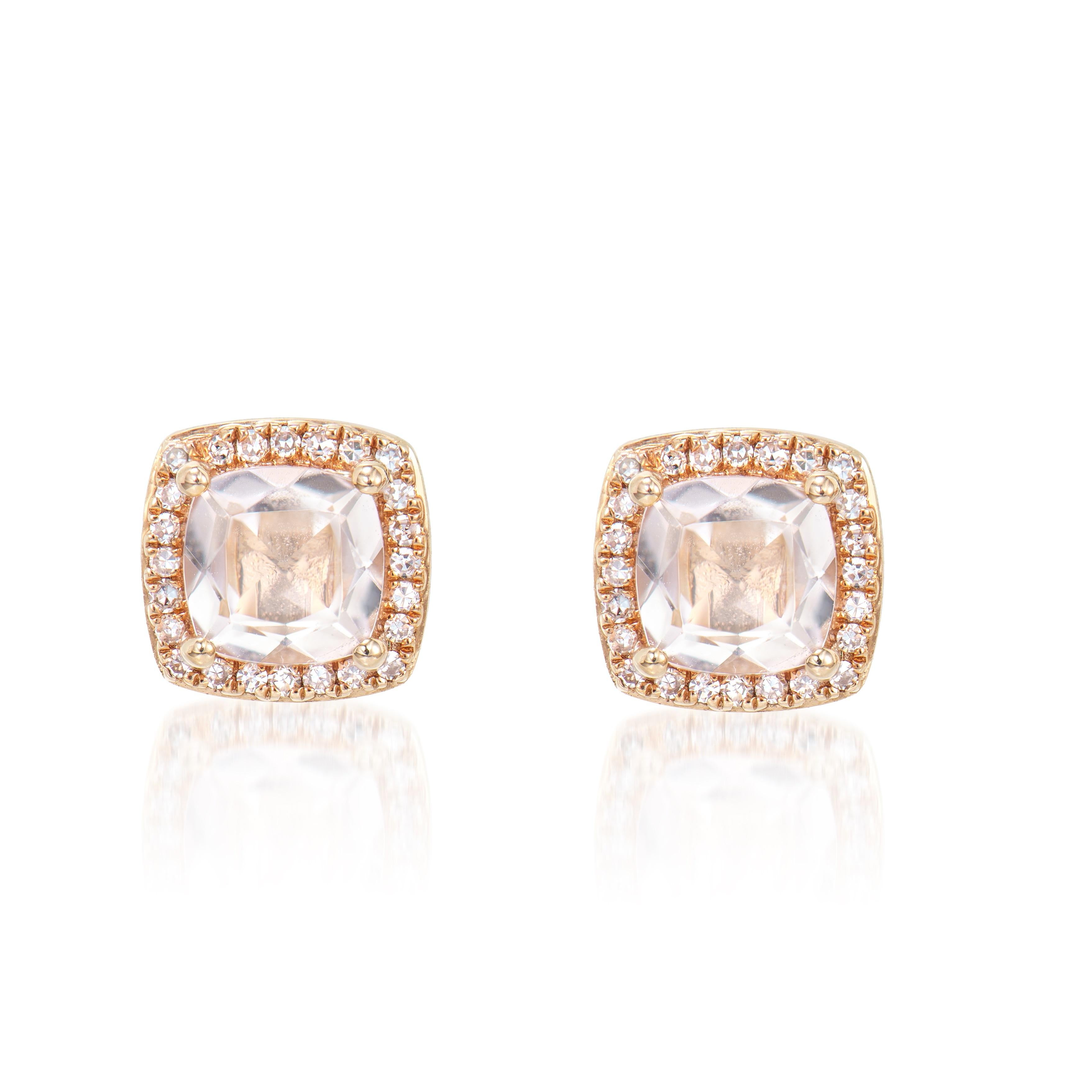 Contemporary 1.00 Carat Morganite Stud Earring in 18Karat Rose Gold with White Diamond. For Sale