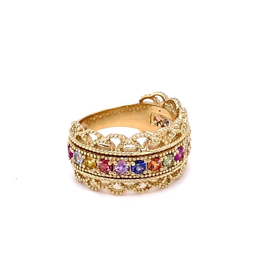 Contemporary 1.00 Carat Multi Color Sapphire Yellow Gold Cocktail Band For Sale
