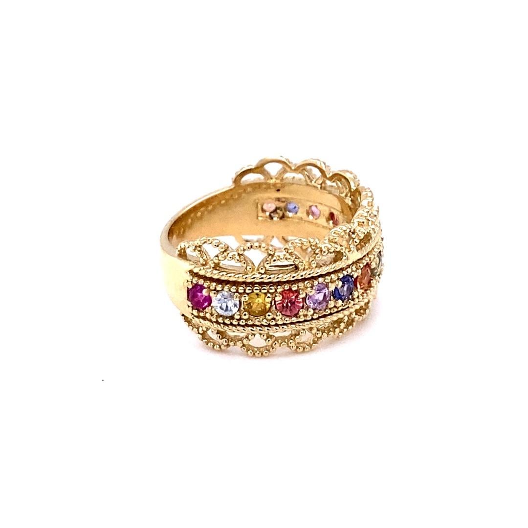 Round Cut 1.00 Carat Multi Color Sapphire Yellow Gold Cocktail Band For Sale