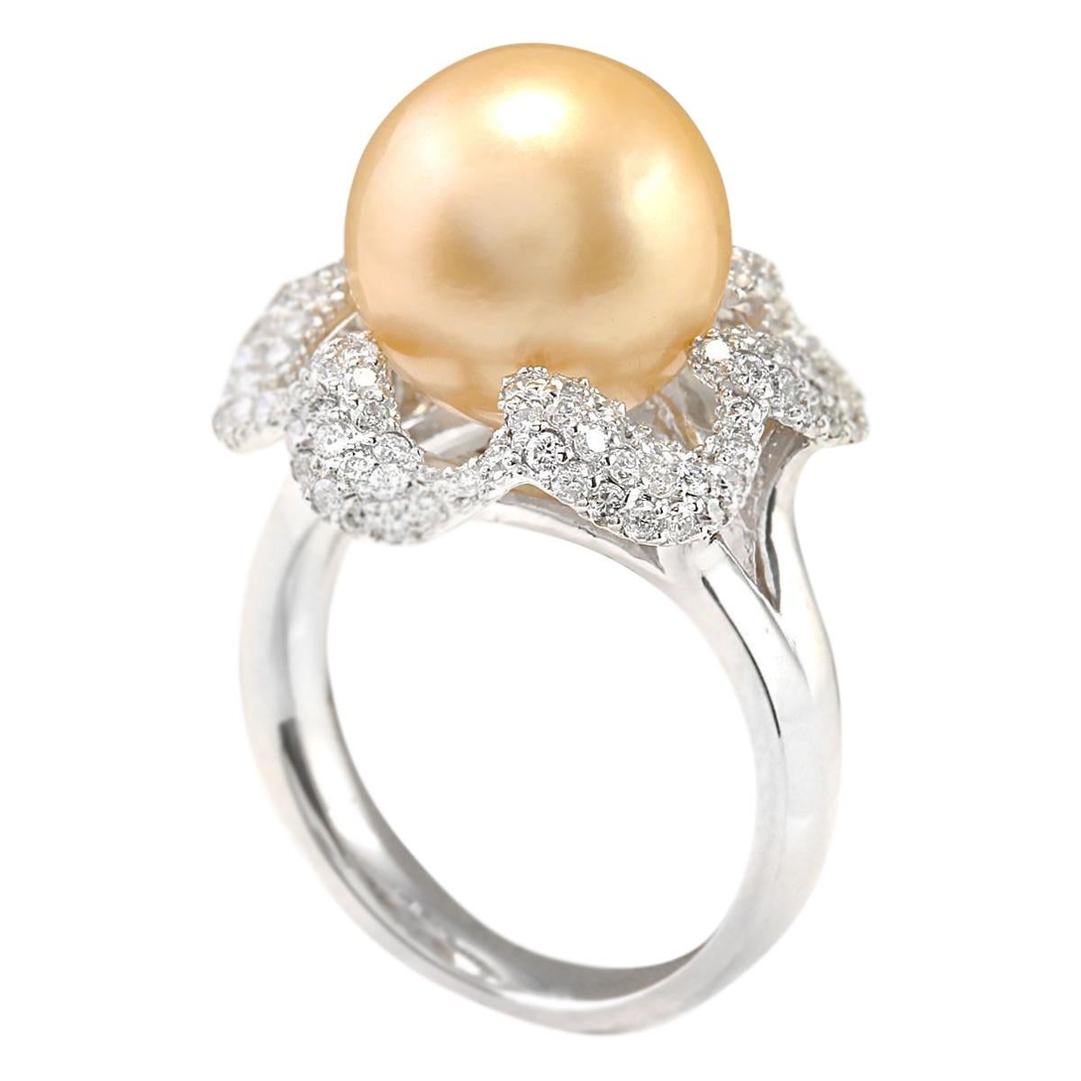 Round Cut Natural South Sea Pearl 14 Karat White Gold Diamond Ring For Sale