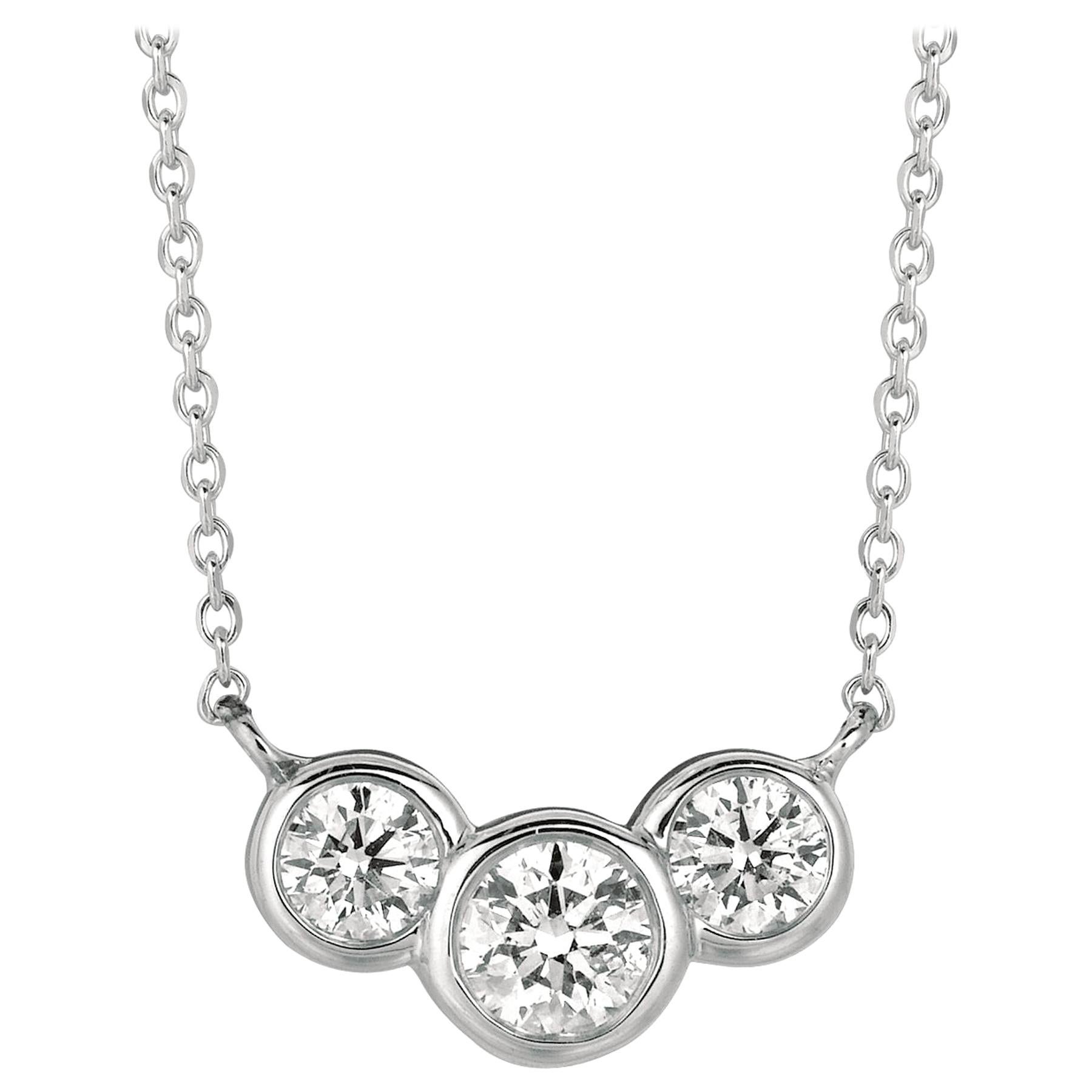 1.00 Carat Natural 3-Stone Diamond Bezel Necklace 14 Karat White Gold G SI For Sale