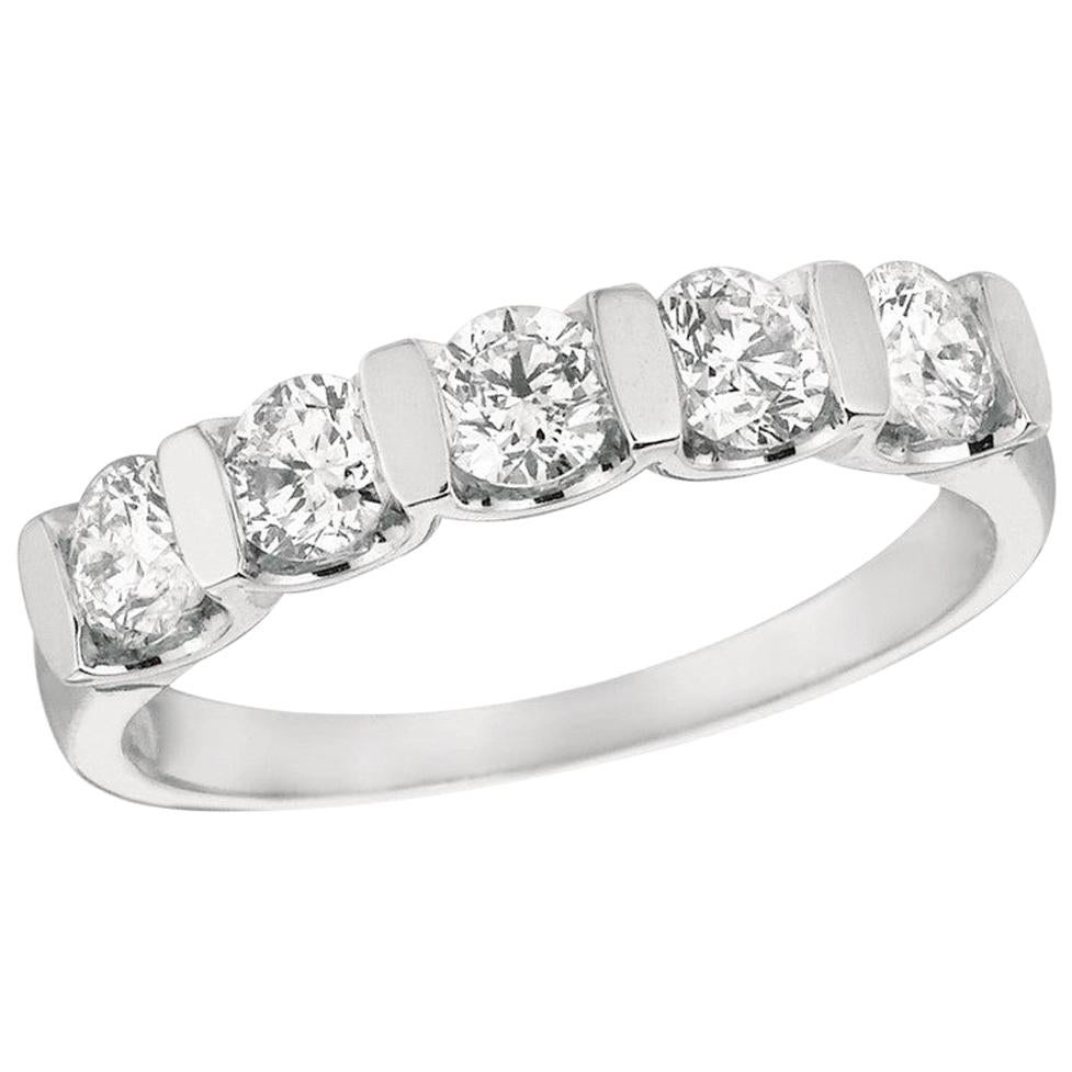 1.00 Carat Natural Diamond 5-Stone Ring Band G SI 14 Karat White Gold For Sale