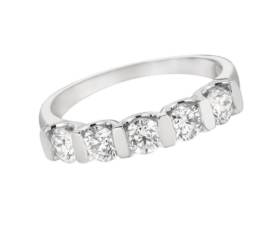 Round Cut 1.00 Carat Natural Diamond 5-Stone Ring Band G SI 14 Karat White Gold For Sale