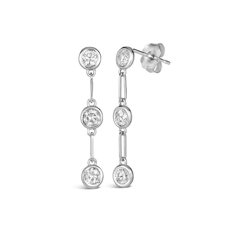 Round Cut 1.00 Carat Natural Diamond Bezel Paper Clip Earrings G SI 14K White Gold For Sale