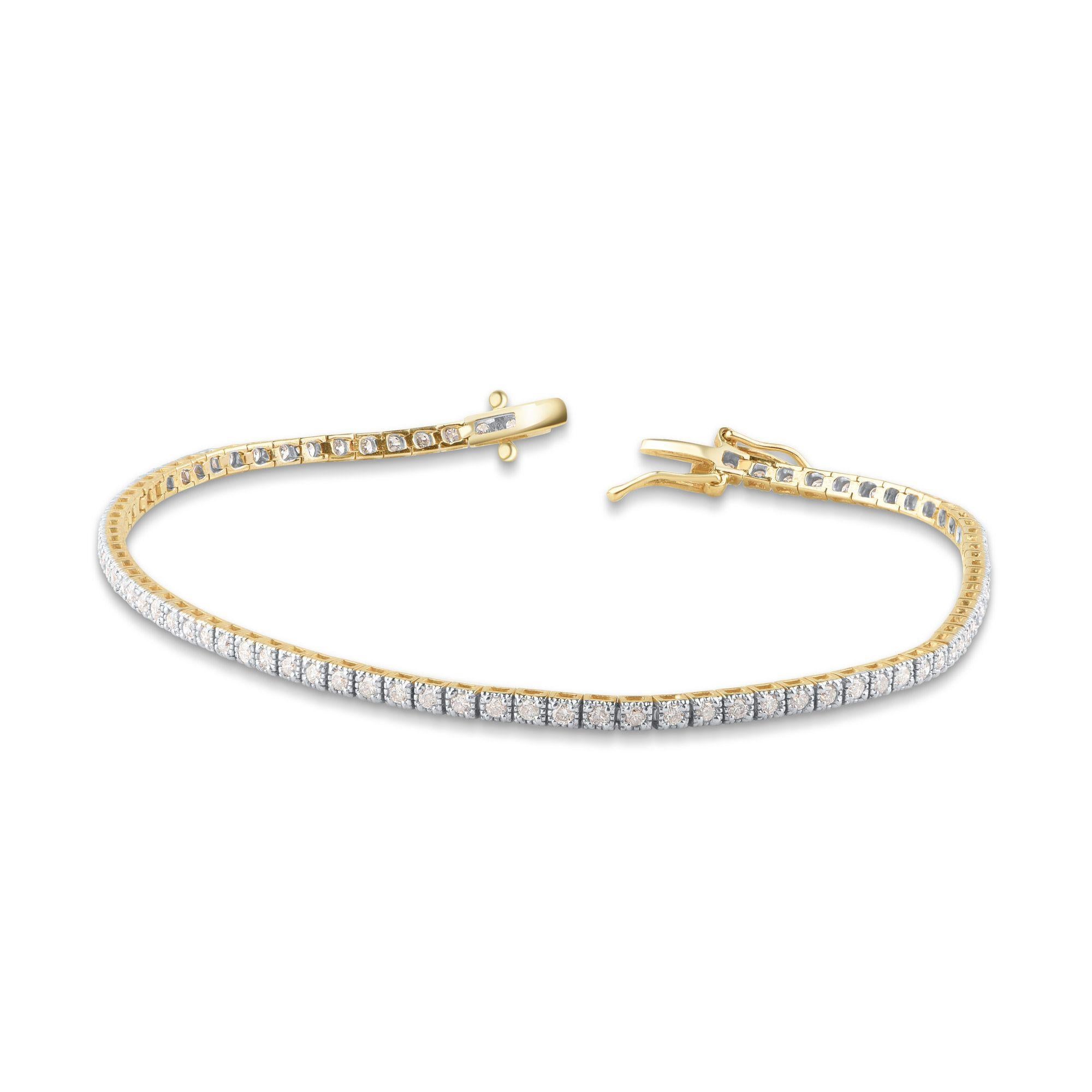 Adorn your wrist with the stunning Tennis Bracelet, studded with 86 diamonds in pave setting. Polished and Created in 10 karat yellow gold. Diamonds are graded I-J Color, I2-I3 Clarity. 
