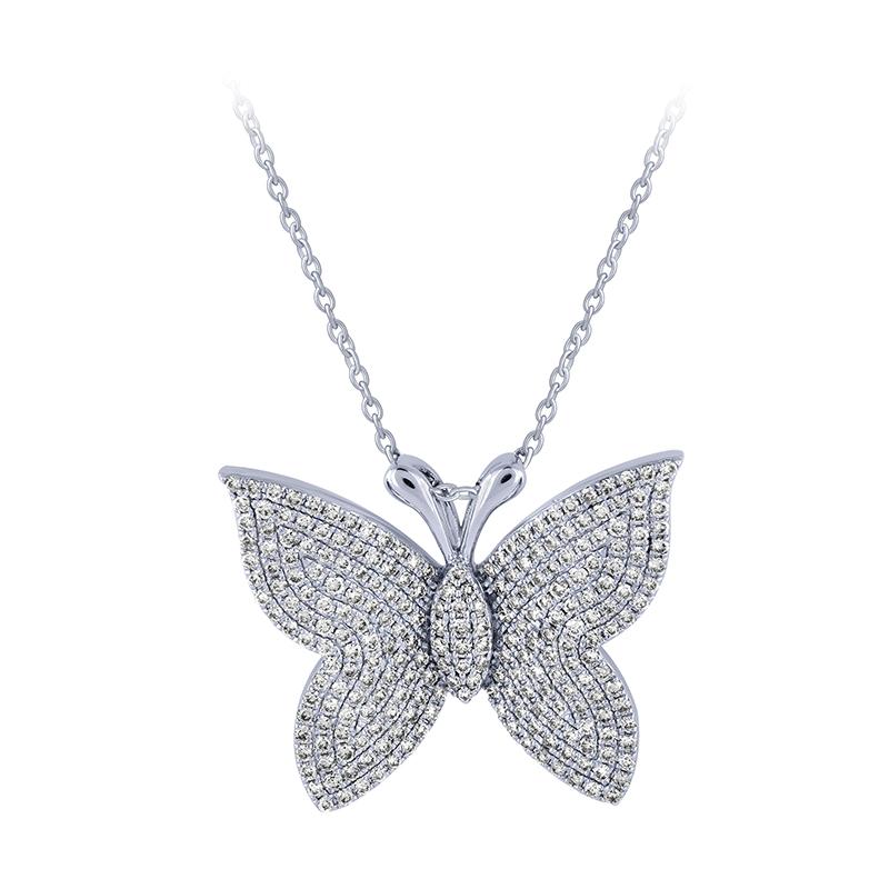 Art Nouveau 1.00 Carat Natural Diamond Butterfly Necklace 14K White Gold G SI 18'' For Sale
