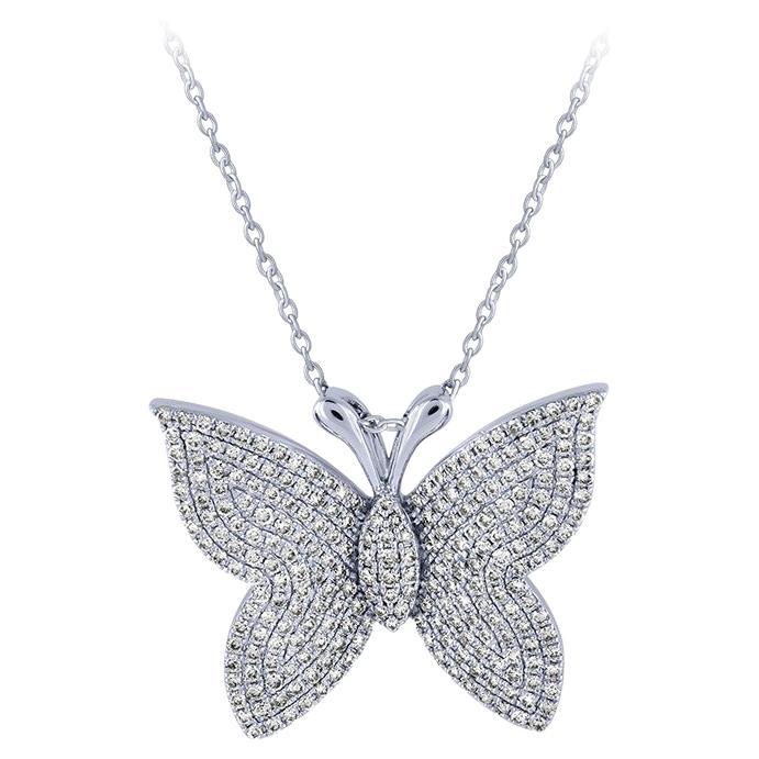 1.00 Carat Natural Diamond Butterfly Necklace 14K White Gold G SI 18'' For Sale