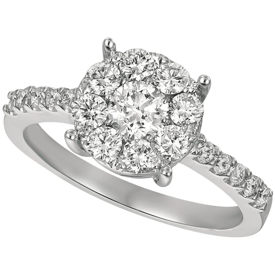 1.00 Carat Natural Diamond Cluster Engagement Ring G SI 14 Karat White Gold