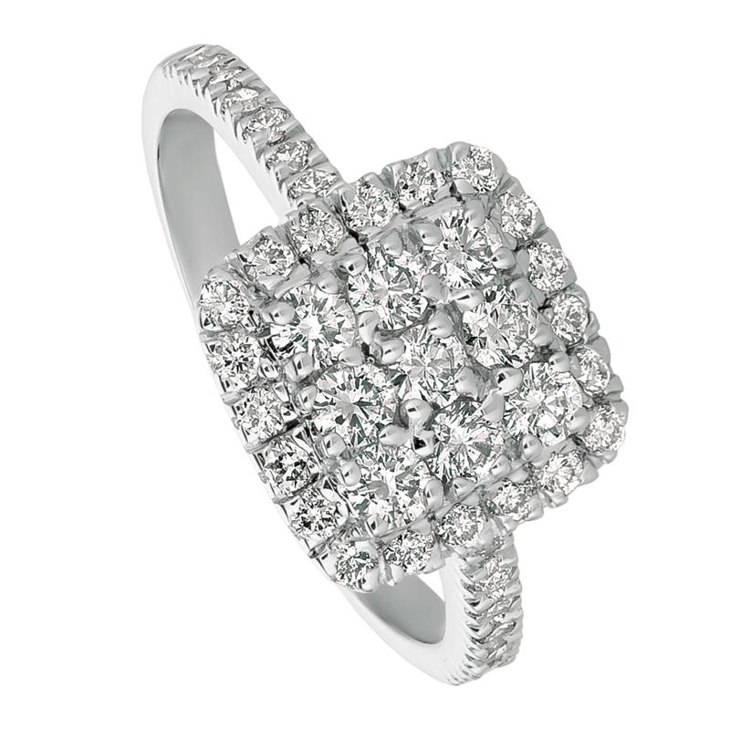 1.00 Carat Natural Diamond Cluster Square Engagement Ring G SI 14K White Gold

100% Natural Diamonds, Not Enhanced in any way Round Cut Diamond Ring
1.00CT
G-H 
SI  
14K White Gold,  Pave style,    3.1 grams
7/16 inch in width
9 diamonds - 0.54ct,