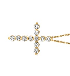 Collier en forme de croix en or jaune 14 carats avec diamants naturels de 1,00 carat et chaîne G SI