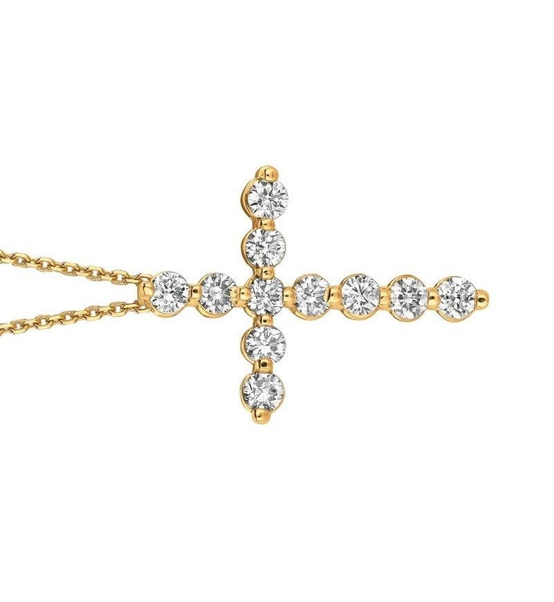 Taille ronde Collier en forme de croix en or jaune 14 carats avec diamants naturels de 1,00 carat et chaîne G SI en vente