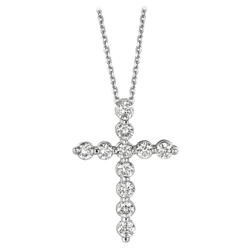 1.00 Carat Natural Diamond Cross Pendant 14 Karat White Gold G SI Chain For Sale