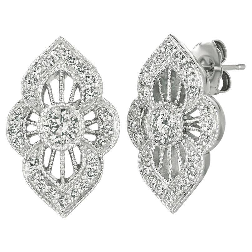 1.00 Carat Natural Diamond Earrings Burnish Set 14K White Gold For Sale