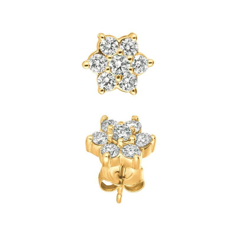 Round Cut 1.00 Carat Natural Diamond Earrings G-H SI Set in 14 Karat Yellow Gold For Sale