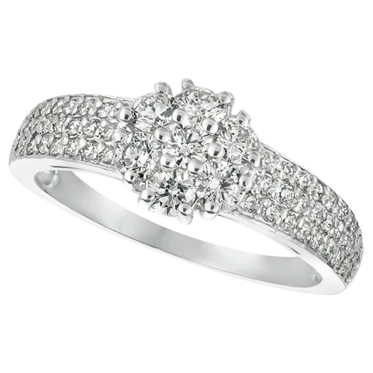 1.00 Carat Natural Diamond Flower Cluster Ring G-H SI 14 Karat White Gold For Sale