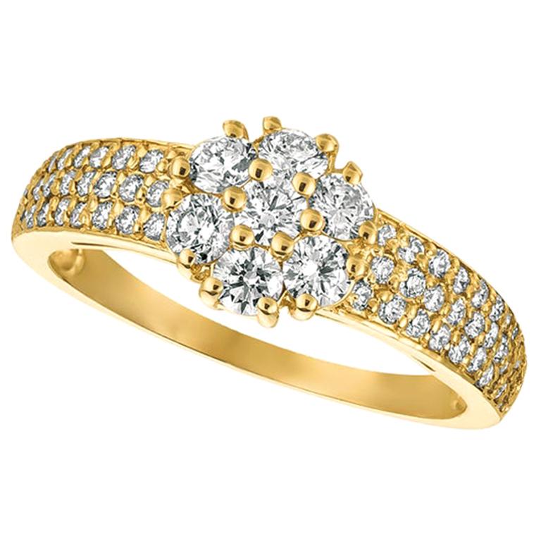 1.00 Carat Natural Diamond Flower Cluster Ring G-H SI 14 Karat Yellow Gold For Sale