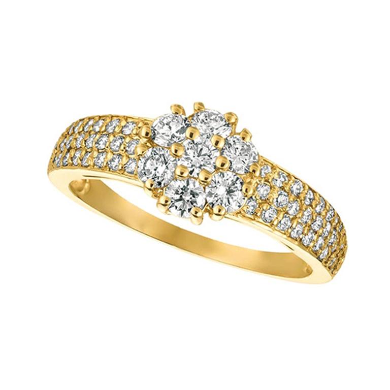 For Sale:  1.00 Carat Natural Diamond Flower Cluster Ring G-H SI 14 Karat Yellow Gold