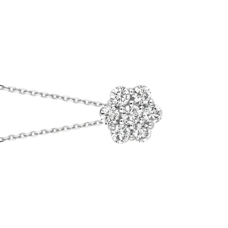 Round Cut 1.00 Carat Natural Diamond Flower Necklace 14 Karat White Gold G SI Chain For Sale
