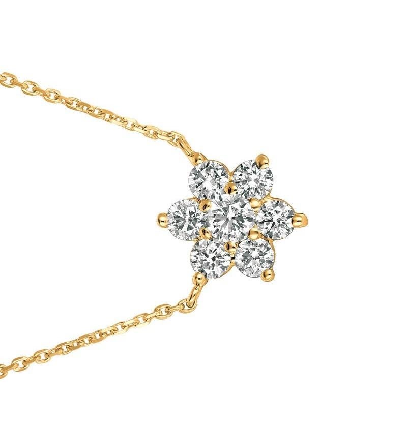 Round Cut 1.00 Carat Natural Diamond Flower Necklace 14 Karat Yellow Gold G SI For Sale