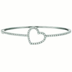 1.00 Carat Natural Diamond Heart Bangle Bracelet 14K White Gold