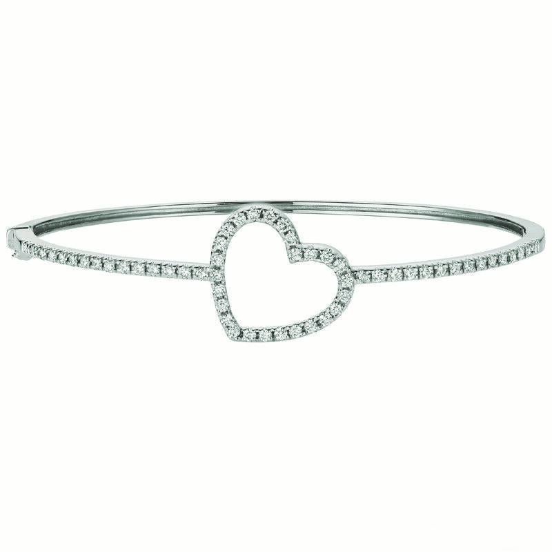 Round Cut 1.00 Carat Natural Diamond Heart Bangle Bracelet 14K White Gold For Sale