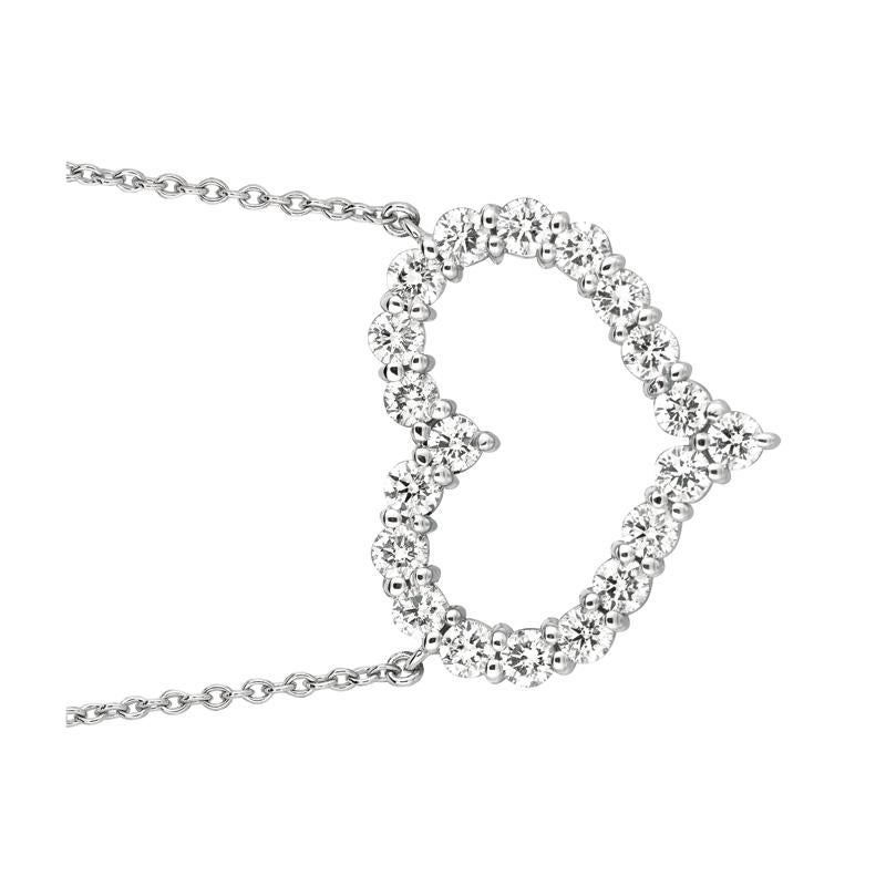 Round Cut 1.00 Carat Natural Diamond Heart Necklace 14 Karat White Gold G SI Chain For Sale