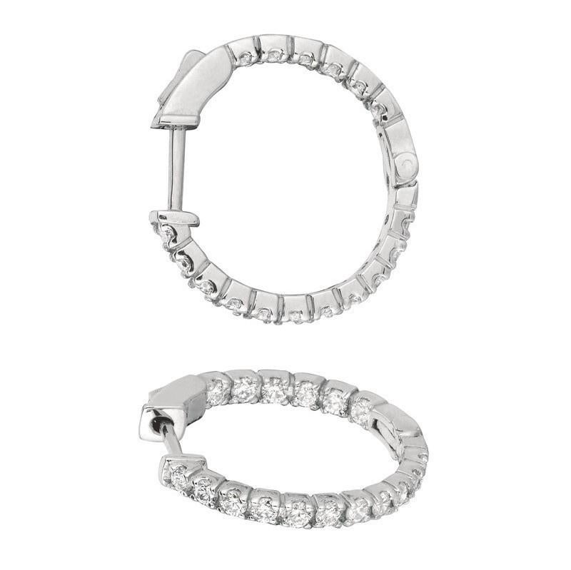 Round Cut 1.00 Carat Natural Diamond Hoop Earrings G-H SI in 14 Karat White Gold For Sale