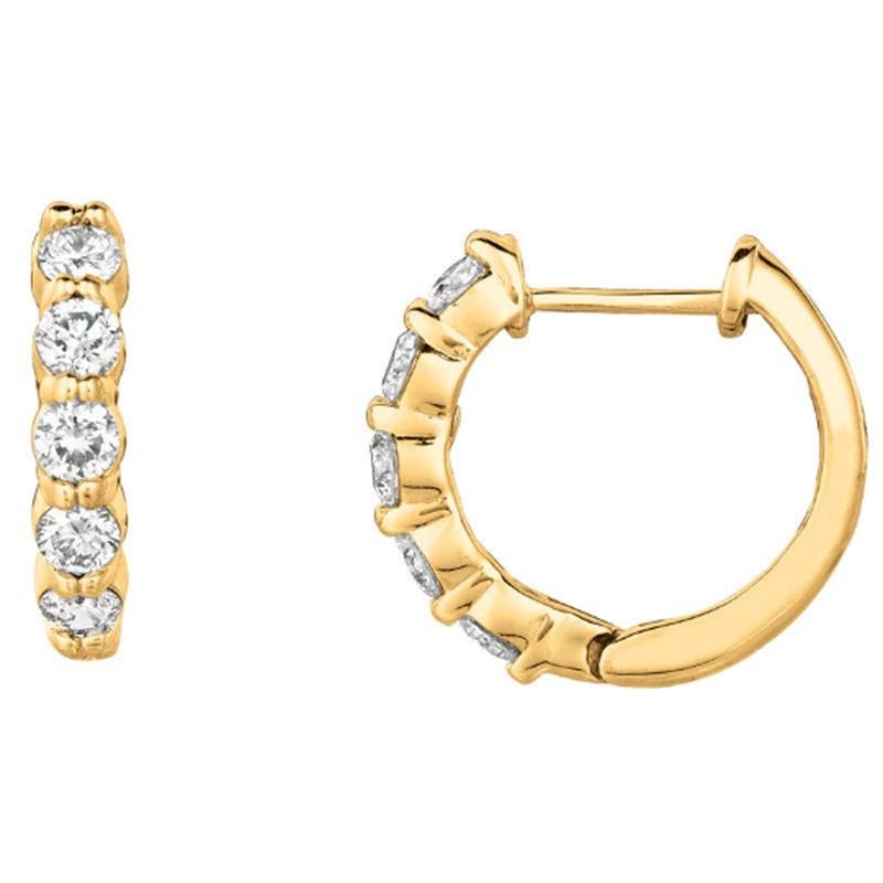 Round Cut 1.00 Carat Natural Diamond Hoop Earrings G SI 14K Yellow Gold For Sale