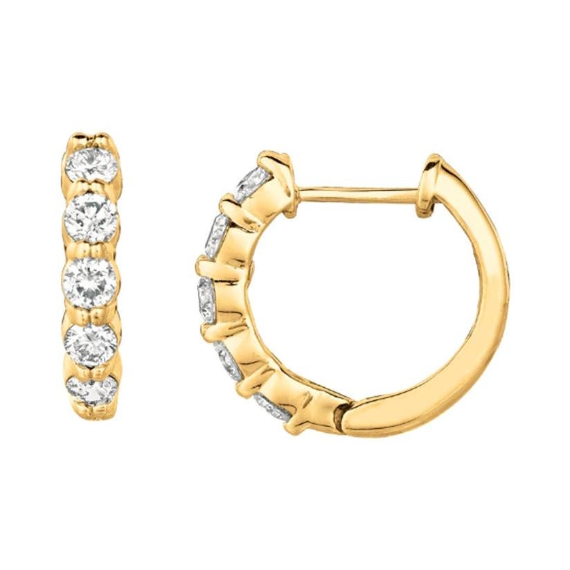 1.00 Carat Natural Diamond Hoop Earrings G SI 14K Yellow Gold For Sale