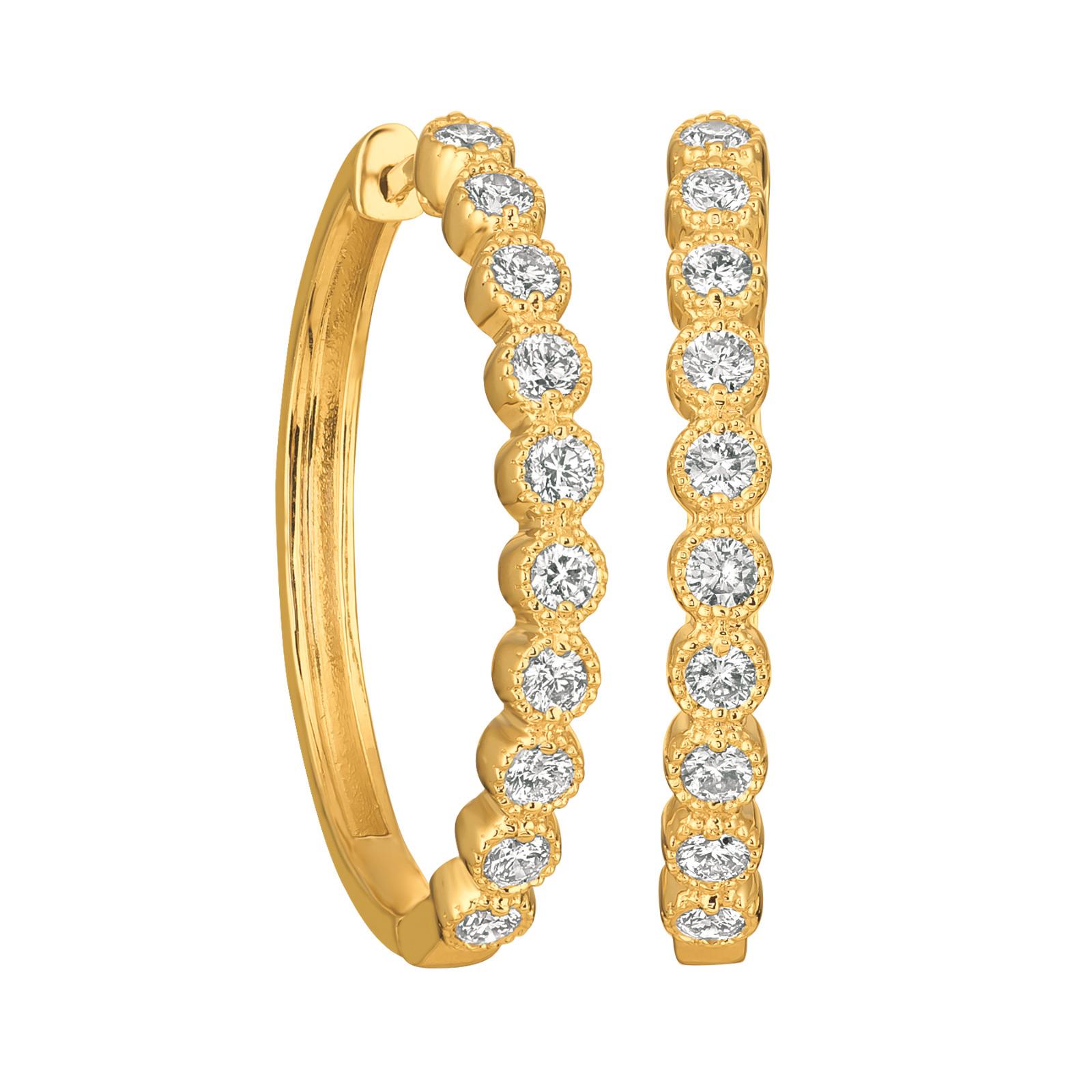 Contemporary 1.00 Carat Natural Diamond Oval Hoop Earrings G SI 14 Karat Yellow Gold For Sale
