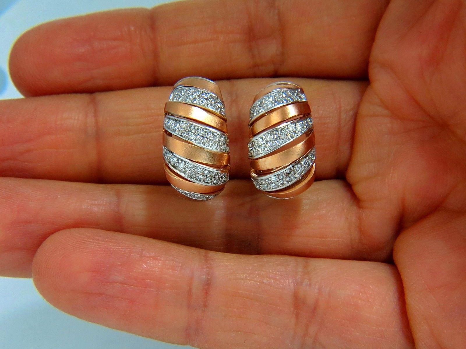 1.00 Carat Natural Diamonds Hoop Earrings Slant Striped 14 Karat For Sale 5